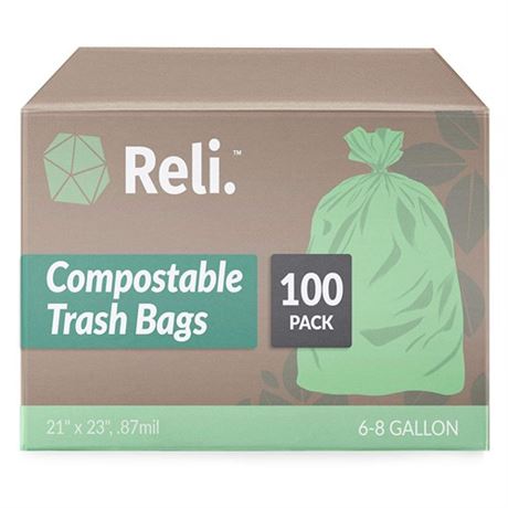 Reli. Compostable 6-8 Gallon Trash Bags  100 Count  ASTM D6400  Green  Eco-Frie