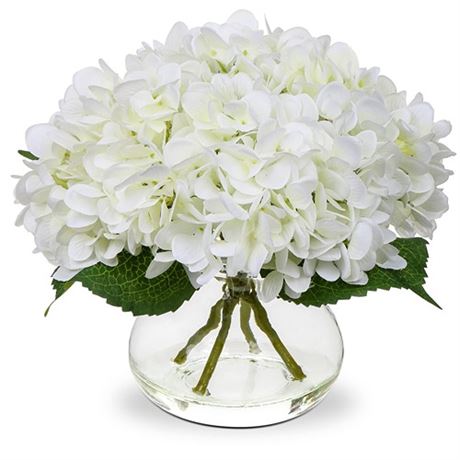 Hollyone Hydrangea Artificial Flowers with Vase White Silk Fake Flowers Arrange