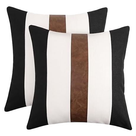 JASEN Set of 2 Faux Leather and Linen Lumbar Pillow Covers 22x22 Inch Black and