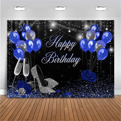 Mocsicka Blue and Birthday Backdrop for Women Silver High Heels and Blue Balloo