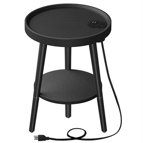 GREENSTELL End Table with Charging Station Round Side Table with Storage Shelf
