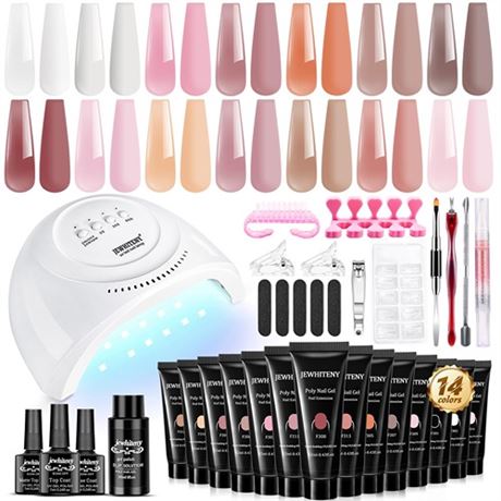 JEWHITENY 14 Colors Poly Extension Gel Nail Kit With Nail Lamp Nude Pink White