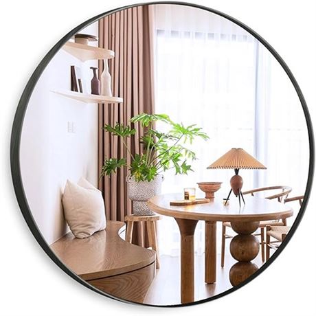 32 inch Round Black Bathroom Mirror Large Wall Mounted Circle Mirror with Brush