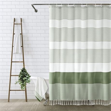 Awellife Sage Green Shower Curtain for Bathroom Stripe Tassel Shower Curtain 72