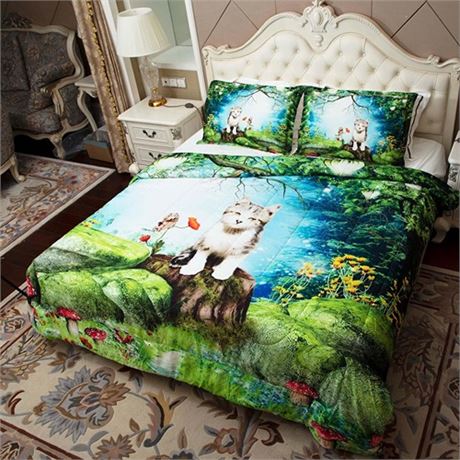 Kids Cat Comforter Sets 3 Pieces Full Size Cute Cat Bedding Comforter Quilt for