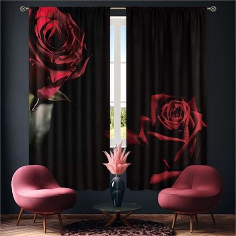 Cinbloo Burgundy Rose Curtains 42W x 63L Inch Rod Pocket Black and Red Curtains