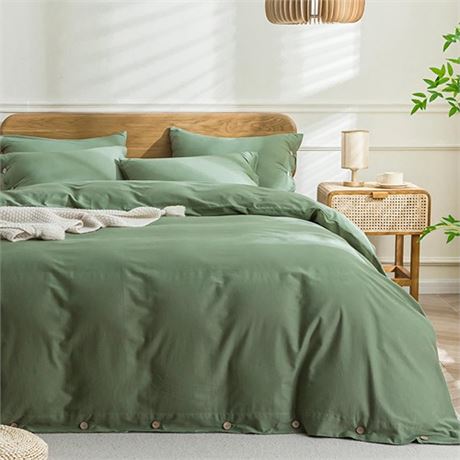 JELLYMONI Green Duvet Cover Queen Size - 100 Washed Cotton Linen Like Textured