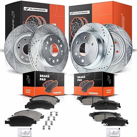 A-Premium Front & Rear Drilled and Slotted Disc Brake Rotors  Ceramic Pads Kit