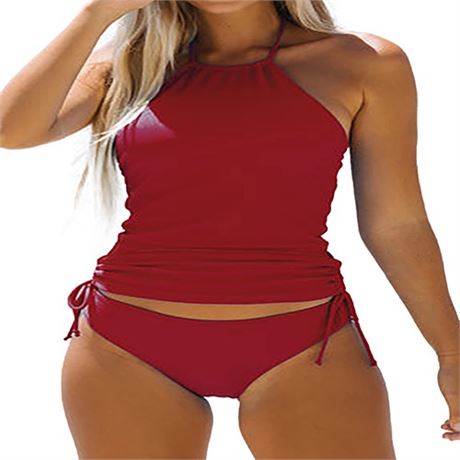 Beachsissi Women Bathing Suit Solid Color Red Drawstring SZ L