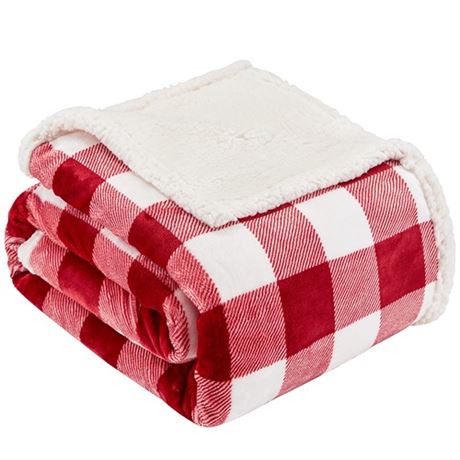 Touchat Sherpa Red and White Buffalo Plaid Christmas Twin Blanket