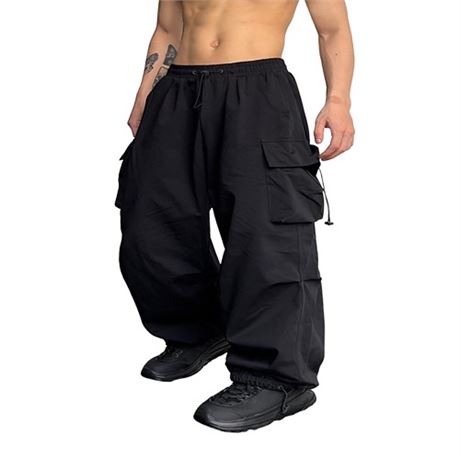 OYOANGLE Mens Cargo Pants Elastic Waist Flap Pockets Hip Hop Baggy Harem Pants