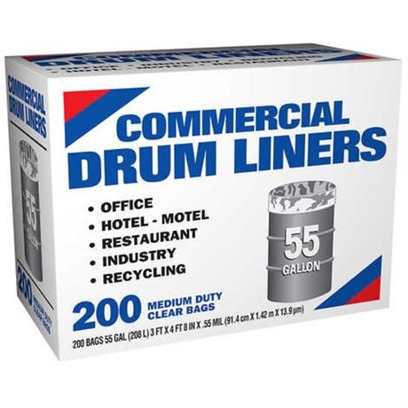 Husky Commercial Drum Liners, 55 Gallon, 200 ct - Medium Duty, Clear Bags