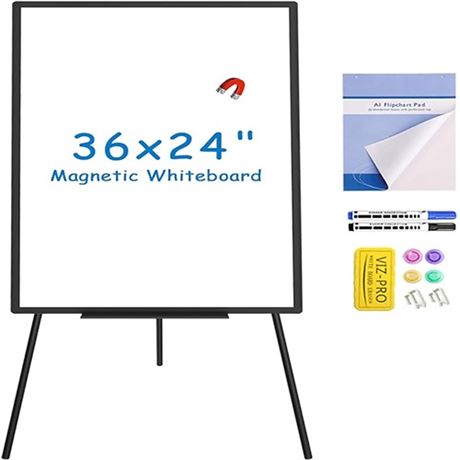 VIZ-PRO Magnetic Whiteboard Easel Black 36 x 24 Inches Portable Dry Erase Boar