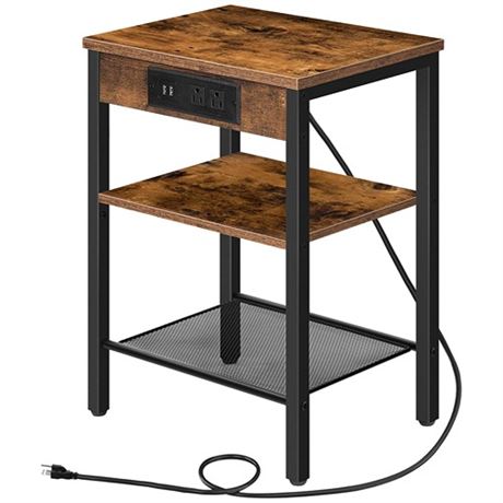 HOOBRO End Table with Charging Station and USB Ports 3-Tier Nightstand with Adj