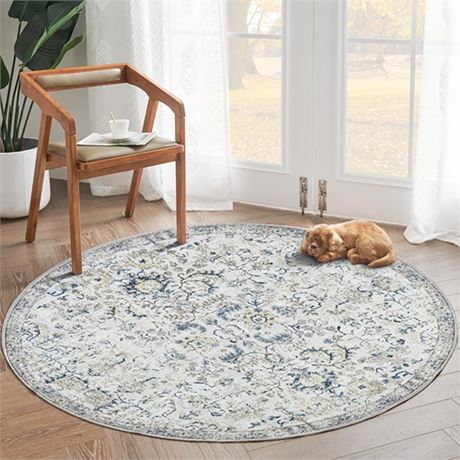 jinchan Round Rug 5ft Washable Rug Area Rug Vintage Rug Indoor Thin Rug Retro A