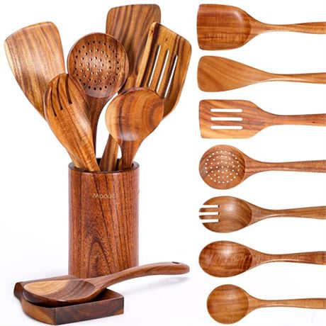 Mooues 9 Piece Natural Teak Wooden Kitchen Utensil Set with Spoon Rest - Comfor