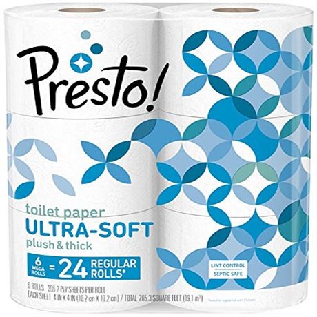 Amazon Brand - Presto! 308-Sheet Mega Roll Toilet Paper Ultra-Soft 24Count P