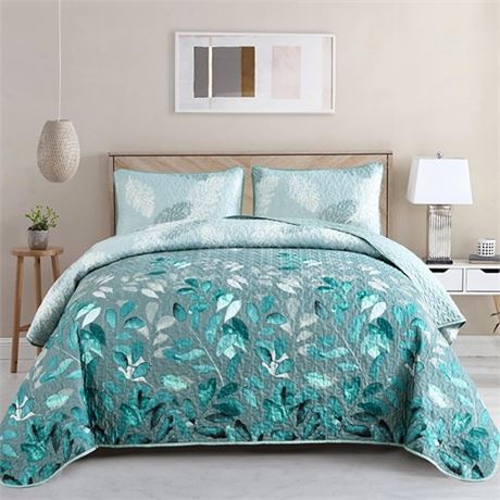 WONGS BEDDING Floral Quilt Set Queen Size 3 Pieces Aqua Botancal Leaves Bedspr