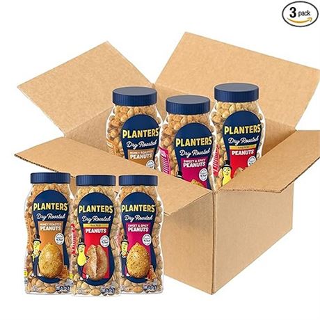 PLANTERS Peanuts Variety Pack Dry Roasted Nuts 16 oz Jars(Pack of 3)bb050824