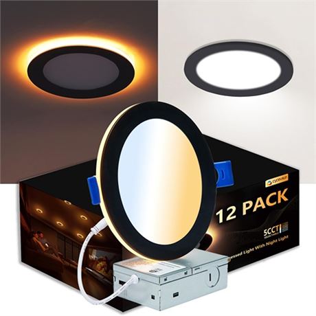 12 Pack Black Recessed Lights 6 Inch with Night Light - Canless Ultra Thin Wafe