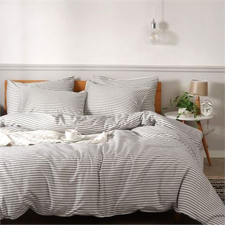 JELLYMONI 100 Natural Cotton 3pcs Striped Duvet Cover SetsWhite with Grey Stri