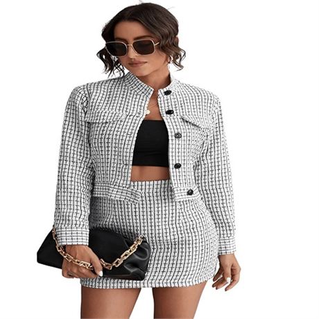 SweatyRocks Womens Business Suit 2 Pieces Tweed Blazer Jacket Coat and Skirt S