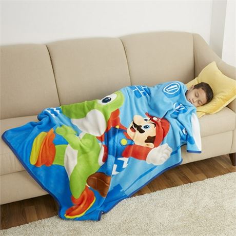 Super Mario Kids Fleece Throw Blanket 50 x 60 Gaming Bedding Blue Nintendo
