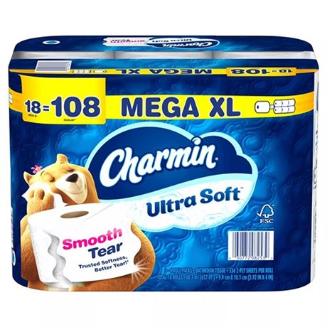 Charmin Ultra Soft Toilet Paper 18 family mega rolls
