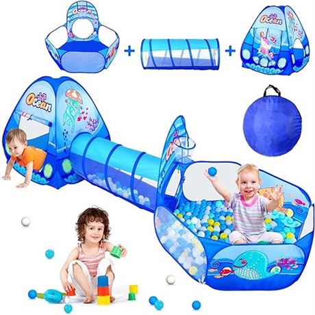 PigPigPen 3 in 1 Kids Play Tent with Tunnel Ball Pit Basketball Hoop for Boys