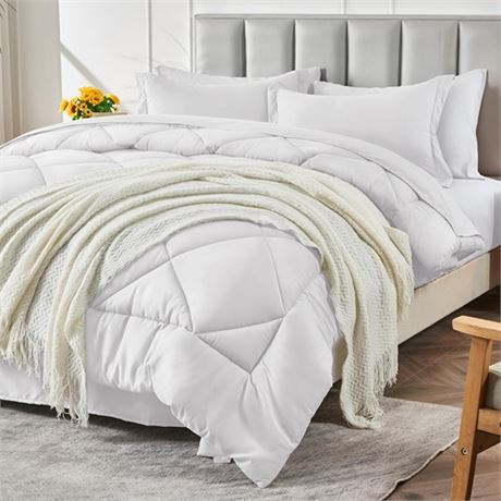 CozyLux Queen Bed in a Bag 7-Pieces Comforter Set with Sheets White All Season