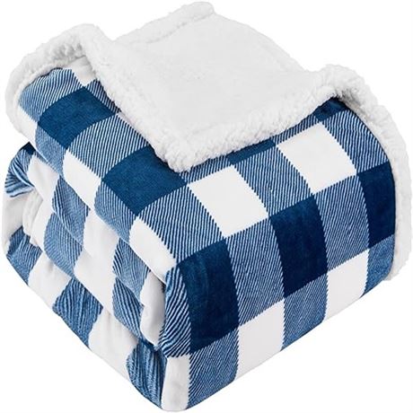 Touchat Sherpa Navy  and White Buffalo Plaid Christmas Twin Blanket 60x70