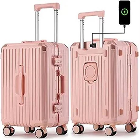 Carry On Luggage with Cup Holder and USB Charge PortPC Hardshell Suitcase
