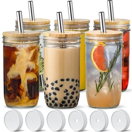 NETANY  6 Pack  Glass Cups Set - 24oz Wide Mouth Mason Jar Drinking Glasses w