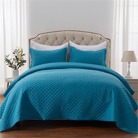 SunStyle Home Quilt Set Queen Teal Lightweight Bedspread Soft Reversible Coverl