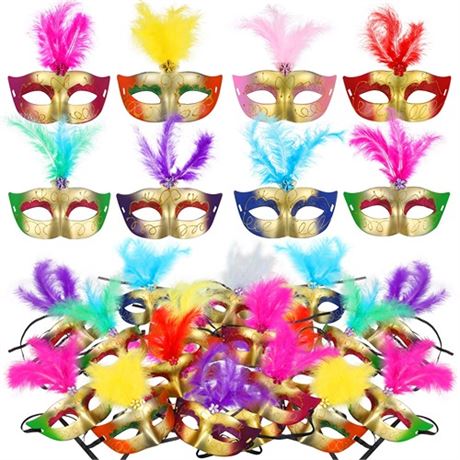 Haull Mardi Gras Masks Bulk Masquerade Mask with Feather Half Face Carnival Mas