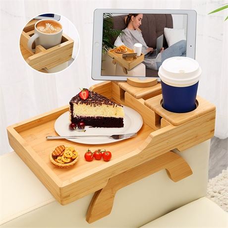 BAMBOOTRAY Couch Arm Tray Multi-Function Folding Sofa Armrest Tray with 360Ro