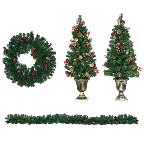 HOMCOM Prelit Holiday Christmas 4-Piece Set Garland Wreath and Set of 2