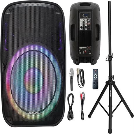 Portable 15-Inch PA Speaker System DJ Amplified Loud Speaker with Stand Bluetoot
