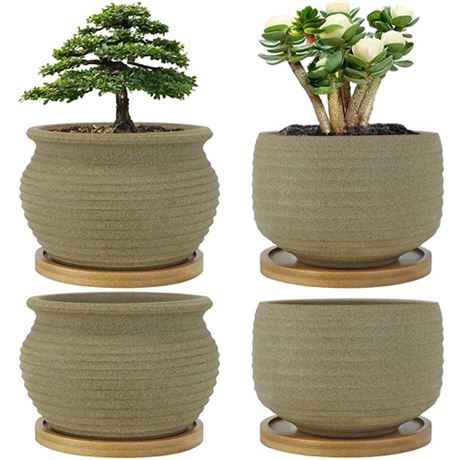 MUZHI Rustic Small Plant Bonsai Pot with Bamboo Tray Set of 4 Unglazed Ceramic