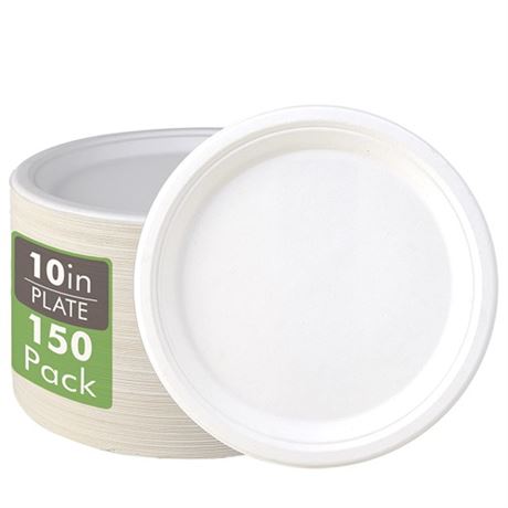 Vplus 150 Pack Compostable Disposable Paper Plates 10.25 inch Super Strong Pape