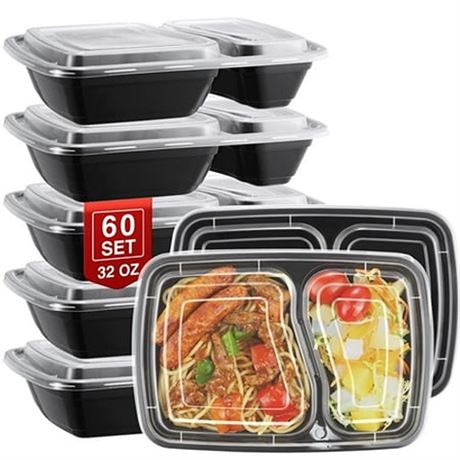 BagDream 60 Pack 32 Oz Meal Prep Container  2 Compartment Food Containers with