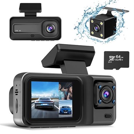 3 Channel 4K Dash Cam Dash Camera for Cars with Free 64GB SD Card 4K1080P1440