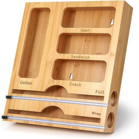 Bag Storage Organizer and Wrap Dispenser with Cutter for Kitchen Drawer Bamboo