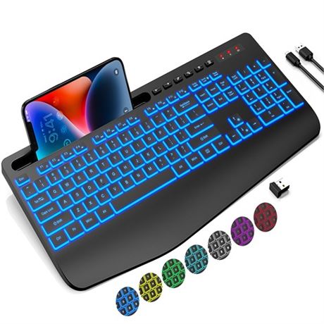 Trueque Wireless Keyboard with 7 Colored Backlits Wrist Rest Phone Holder Recha