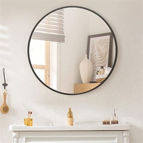 BEAUTYPEAK 24  Wall Mirror Bathroom Mirror Wall Mounted Round Mirror  Black