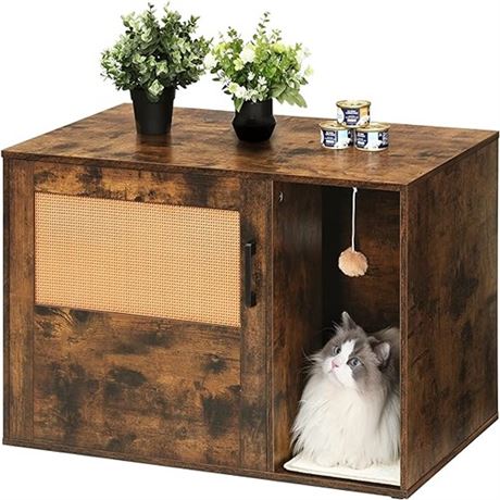 Cat Litter Box Enclosure with Rattan Door Hidden Litter Box Furniture Boho Sty
