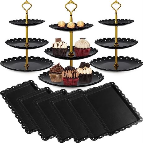 9 Pcs Black Cupcake Stand Display Set Includes 6 Pcs Rectangle Cupcake Stand an