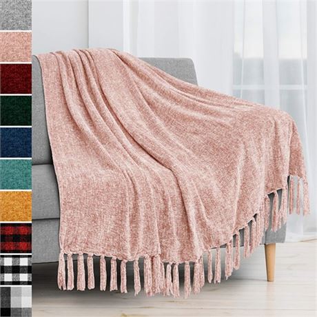 PAVILIA Blush Pink Chenille Throw Blanket for Couch Soft Light Pink Knit Blanke