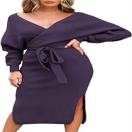 Viottiset Womens Long Batwing Sleeve Sexy V Neck Midi Wrap Bodycon Sweater  s