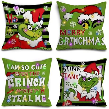 Lighted Green Christmas Pillow Covers (Set of 4 3 pK)
